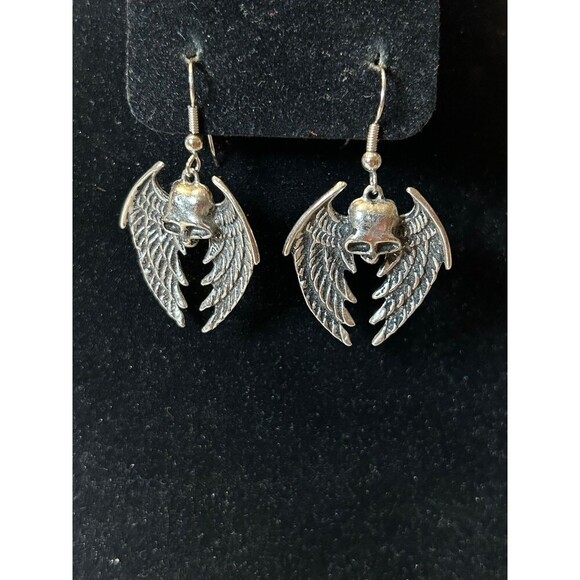 Silver Tone Winged Skull Earrings - Picture 1 of 4